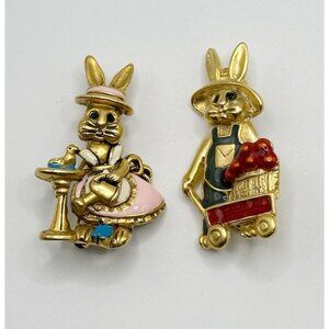 Danecraft Farmer Enameled Garden Rabbit Pins Brooches Mr & Mrs